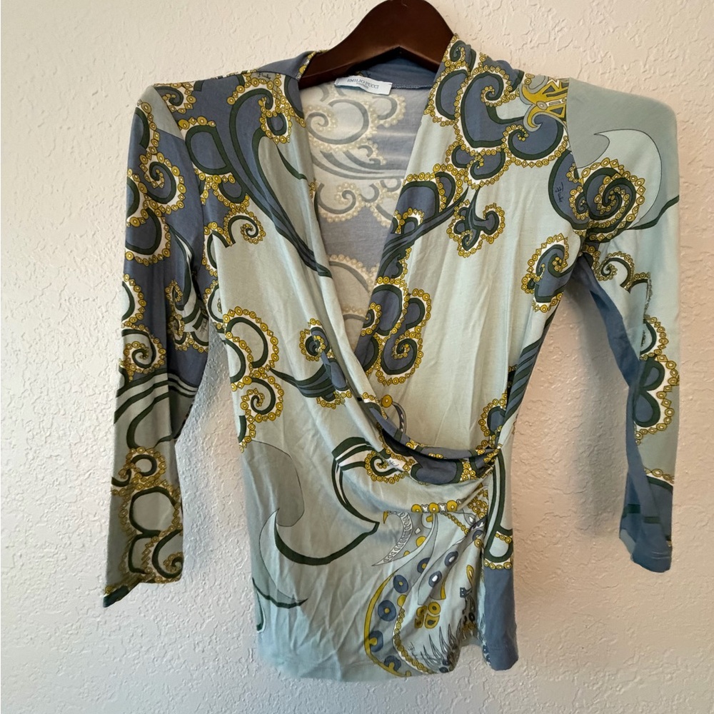 Emilio Pucci Blue and Gold Swirl Top